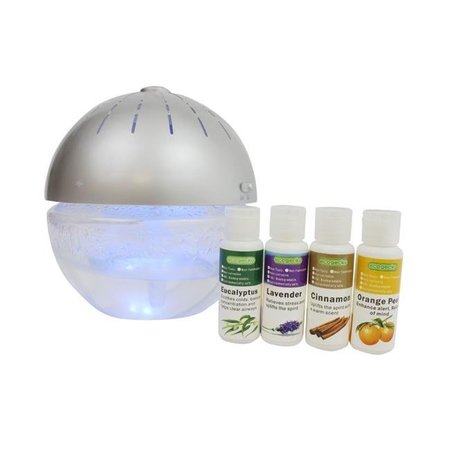 ECOGECKO EcoGecko 75002-4PACK-75606-Silver Earth Globe Glowing Water Air Washer Revitalizer Aroma Diffuser & Humidifier with 4 Pack Aroma Oil - Silver 75002-4PACK-75606-Silver